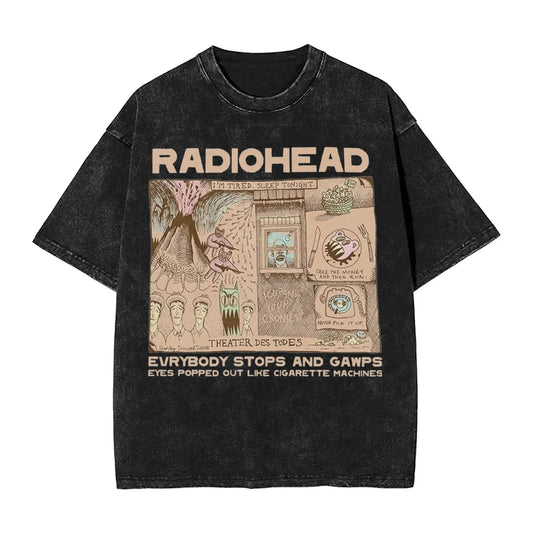 Radiohead Rock Band Washed T Shirts Streetwear Hip Hop Retro T-Shirts Hip Hop Tees Tops Men Women Short Sleeve Harajuku Graphic