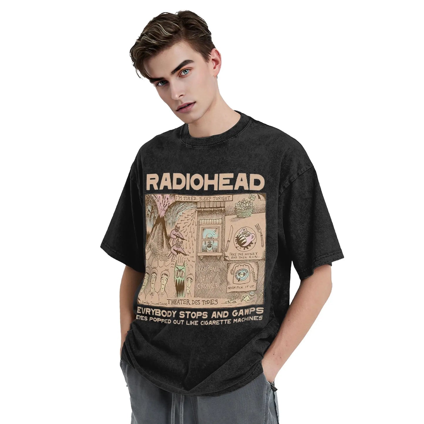 Radiohead Rock Band Washed T Shirts Streetwear Hip Hop Retro T-Shirts Hip Hop Tees Tops Men Women Short Sleeve Harajuku Graphic