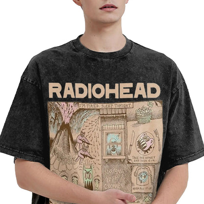 Radiohead Rock Band Washed T Shirts Streetwear Hip Hop Retro T-Shirts Hip Hop Tees Tops Men Women Short Sleeve Harajuku Graphic