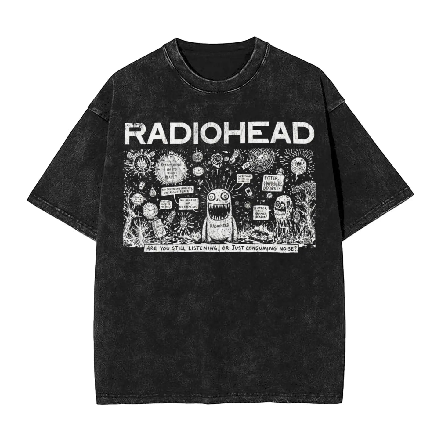 Radiohead Rock Band Washed T Shirts Streetwear Hip Hop Retro T-Shirts Hip Hop Tees Tops Men Women Short Sleeve Harajuku Graphic