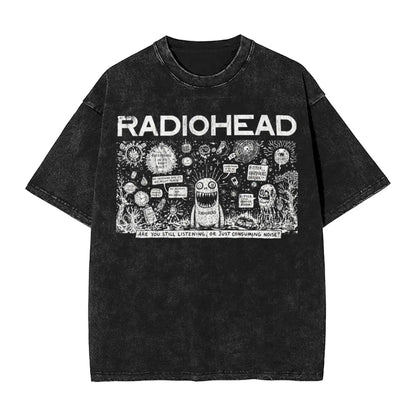 Radiohead Rock Band Washed T Shirts Streetwear Hip Hop Retro T-Shirts Hip Hop Tees Tops Men Women Short Sleeve Harajuku Graphic