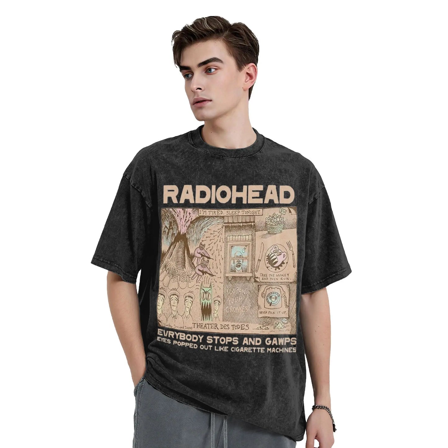 Radiohead Rock Band Washed T Shirts Streetwear Hip Hop Retro T-Shirts Hip Hop Tees Tops Men Women Short Sleeve Harajuku Graphic
